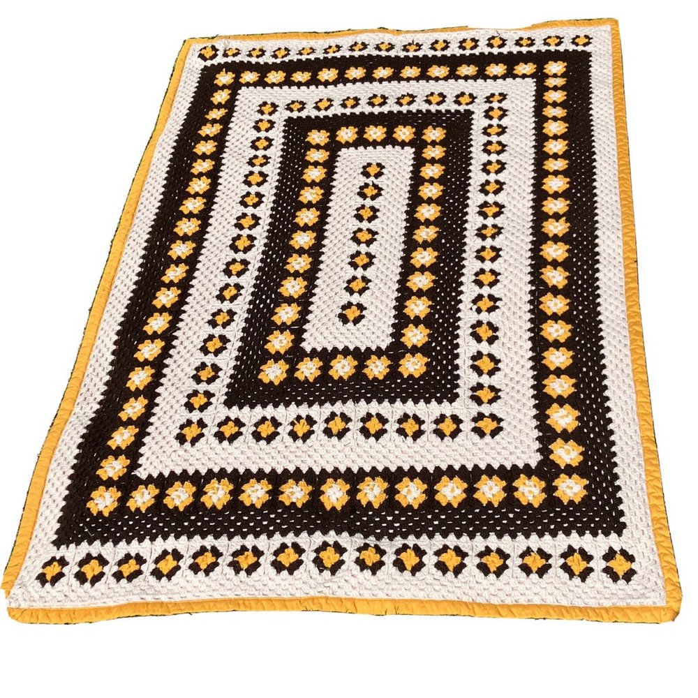 Handmade White, Brown & Yellow Crochet Quilt